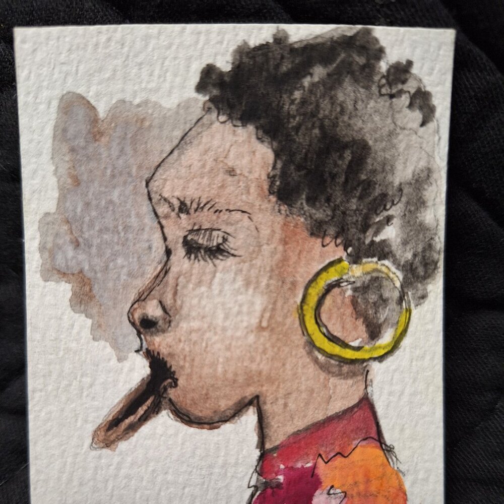 ACEO 2.5"x3.5" Watercolor Painting Miniature Woman With Stretched Lip Earring